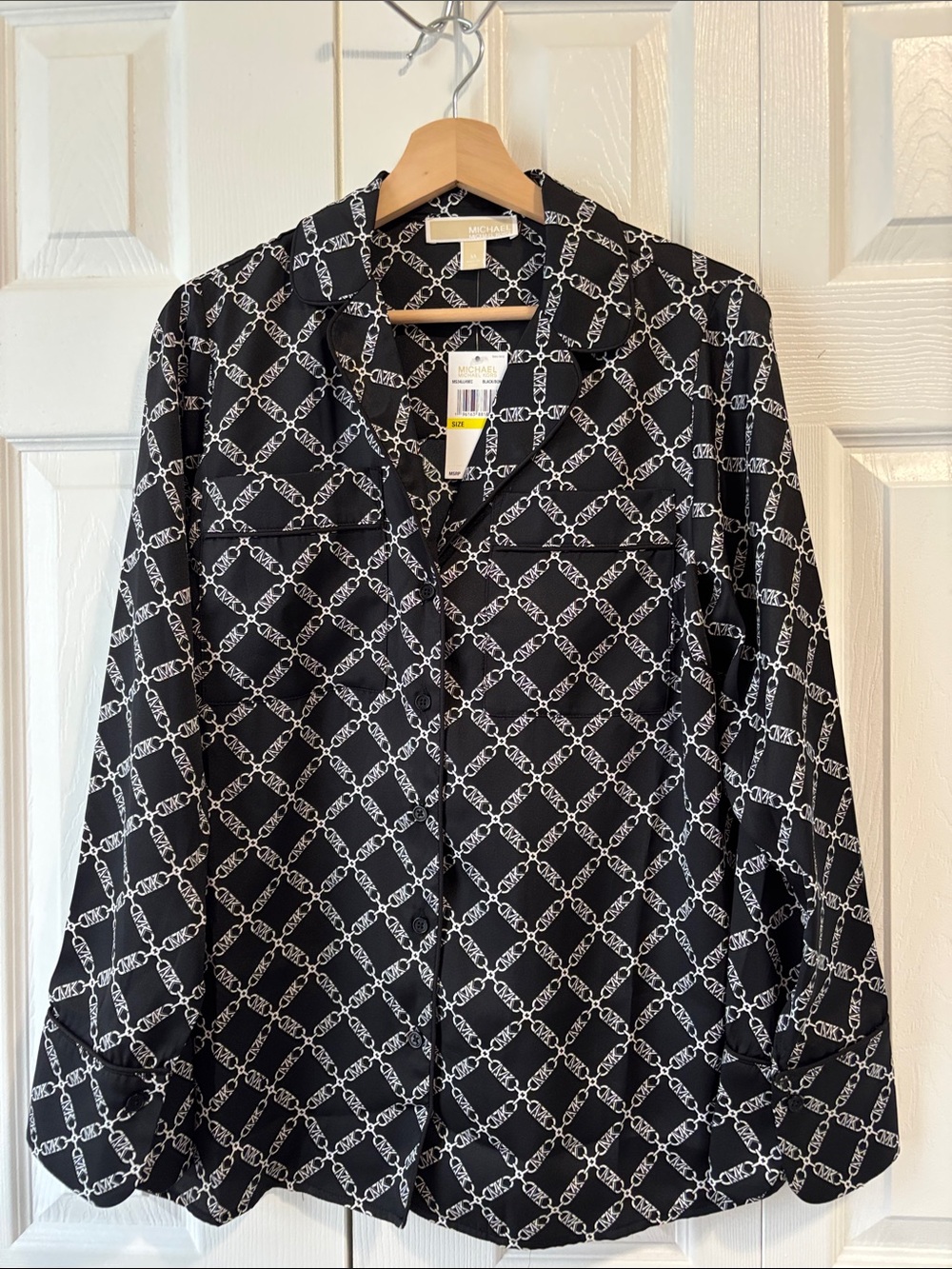 Michael Kors Black & White Chain-Print Lightweight Pajama Style Shirt